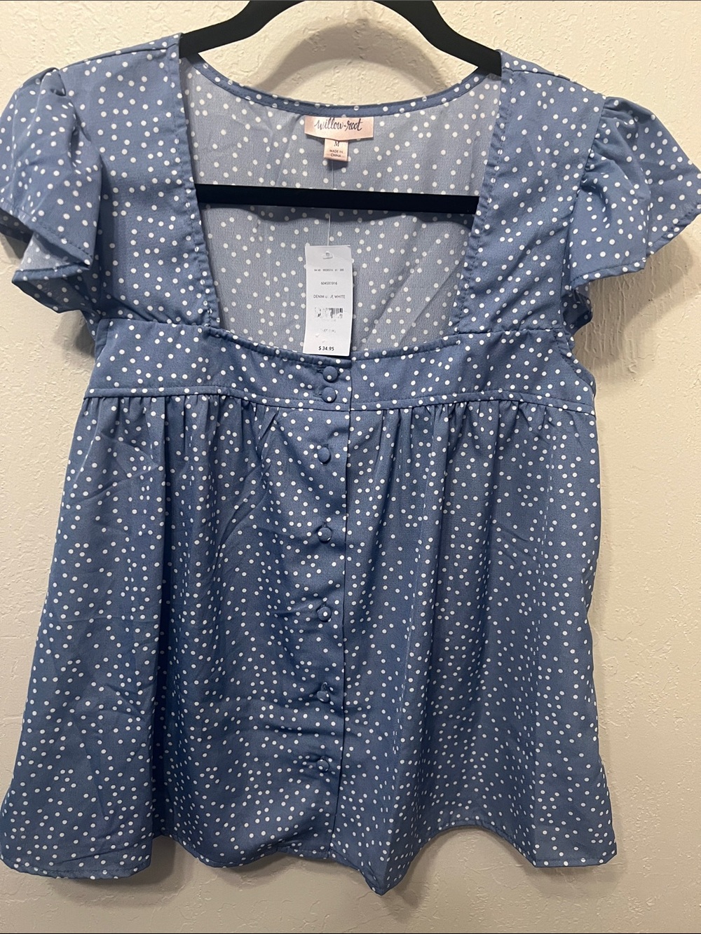 Knitted Girl Blue Polka Dot Button-Front Flutter Sleeve Top